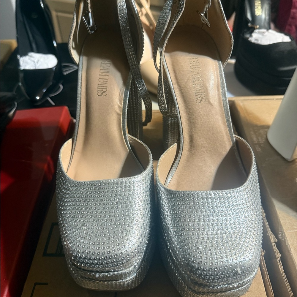 Sparkling Silver Heels with Ankle Strap